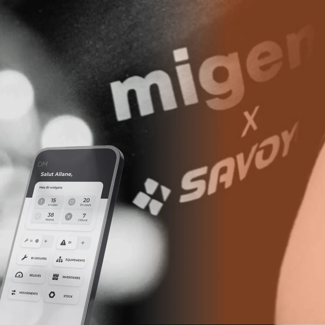 Visuel du partenariat Migen x Savoye, smartphone affichant l'application DimoMaint