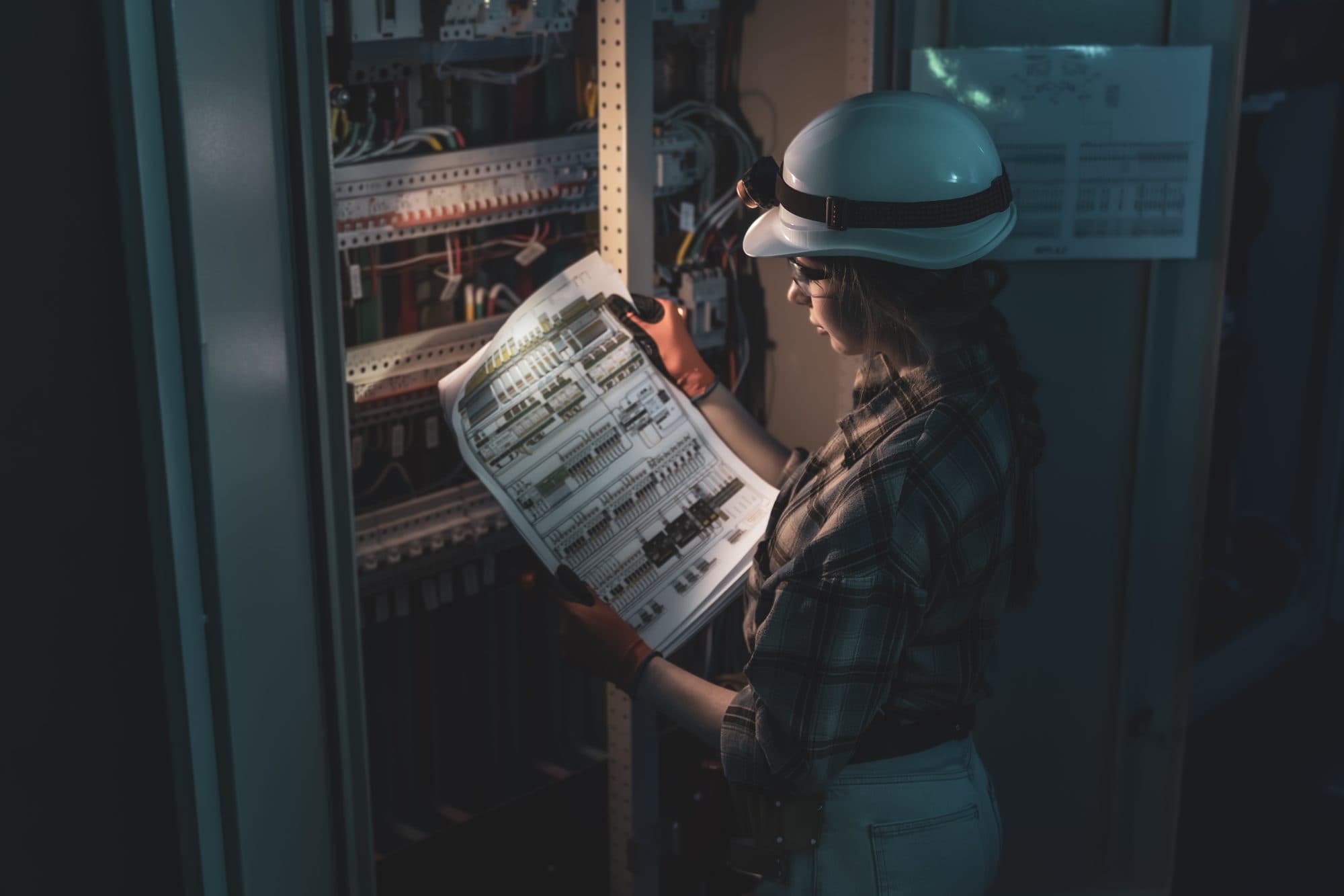 Technicienne à lampe frontale lisant un schéma devant une armoire