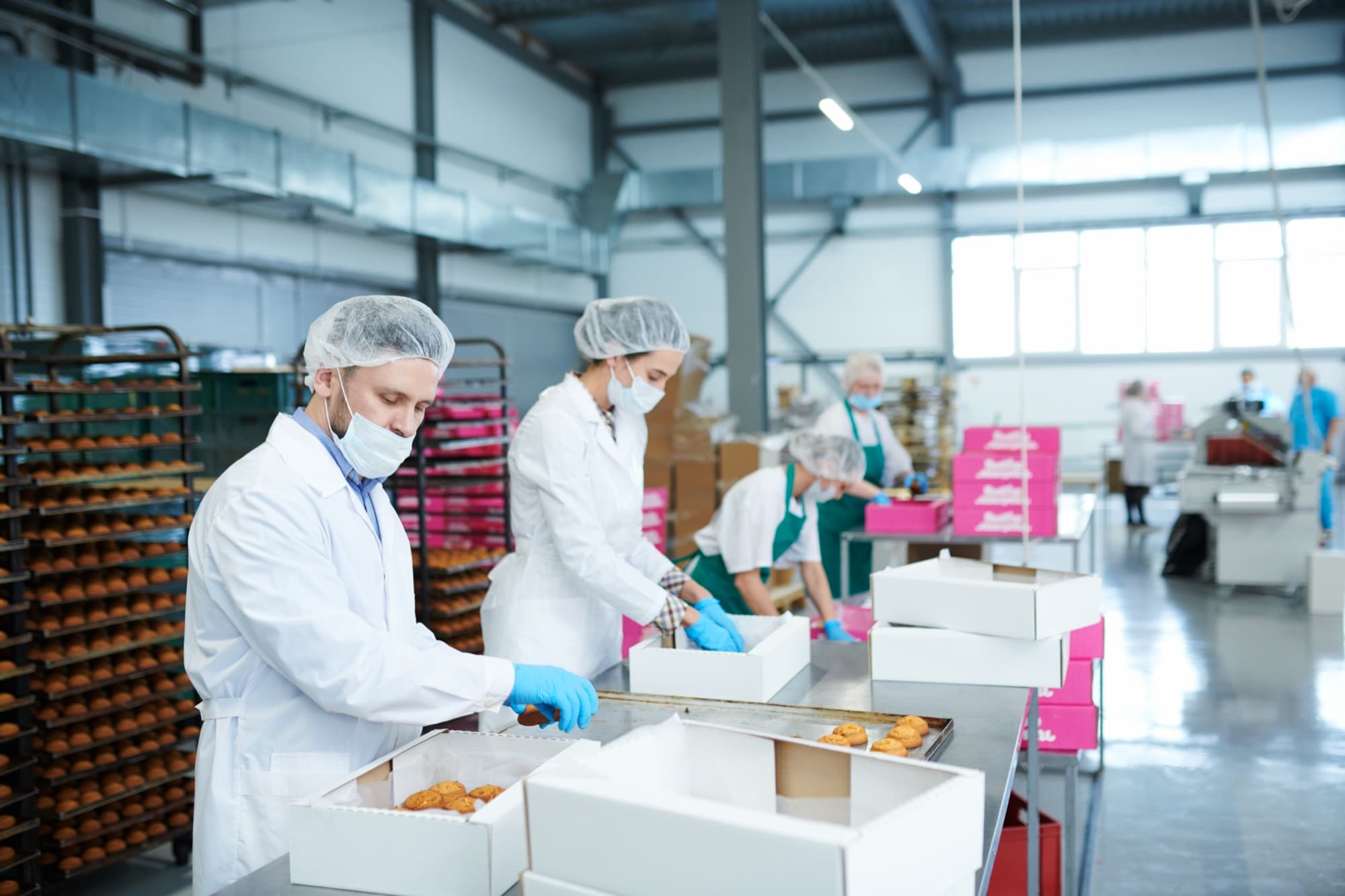Opérateurs en blouse et charlotte garnissant des boîtes de biscuits le long d'une table d'emballage