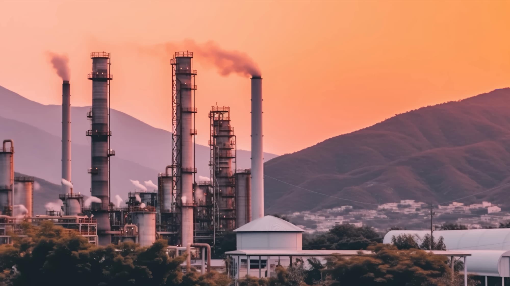Colonnes et cheminées fumantes d'une usine chimique devant des collines, au crépuscule