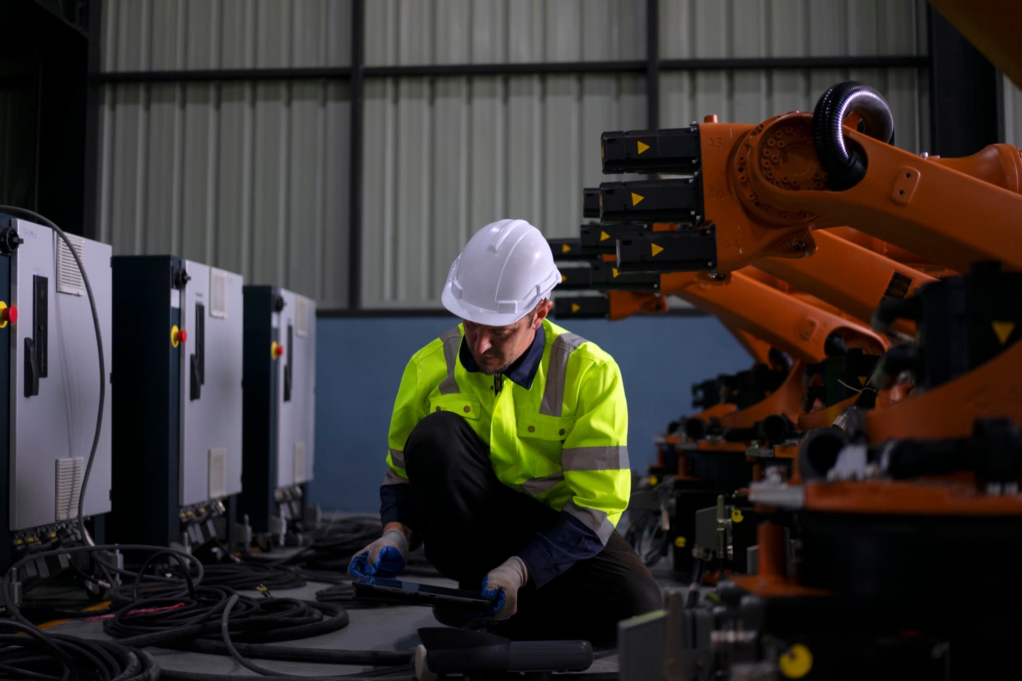 Technicien accroupi, console de programmation en main, devant un bras robotisé orange et sa rangée d'armoires de commande
