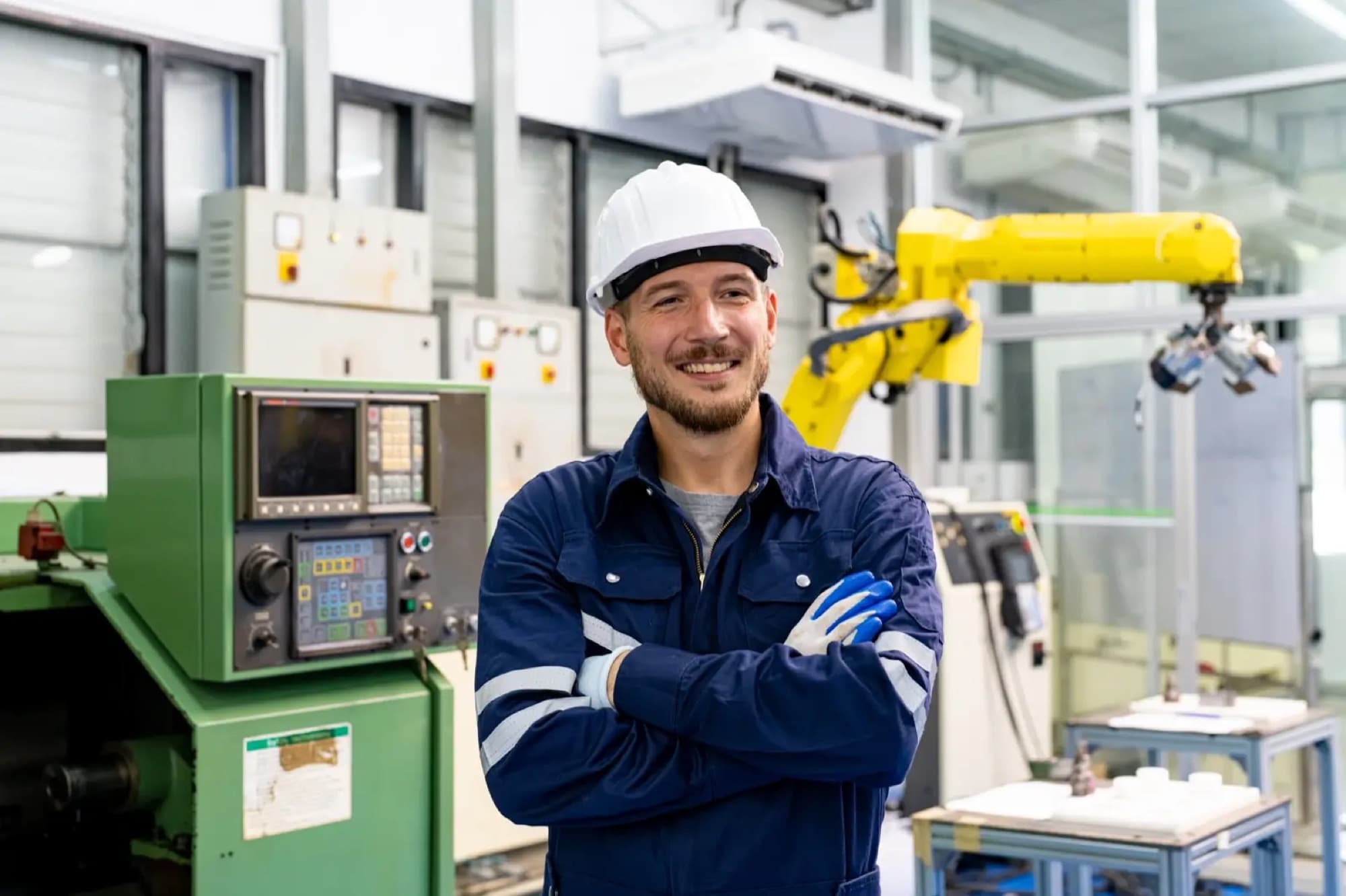 Technicien posant entre un tour à commande numérique et un robot jaune de chargement dans un atelier d'usinage