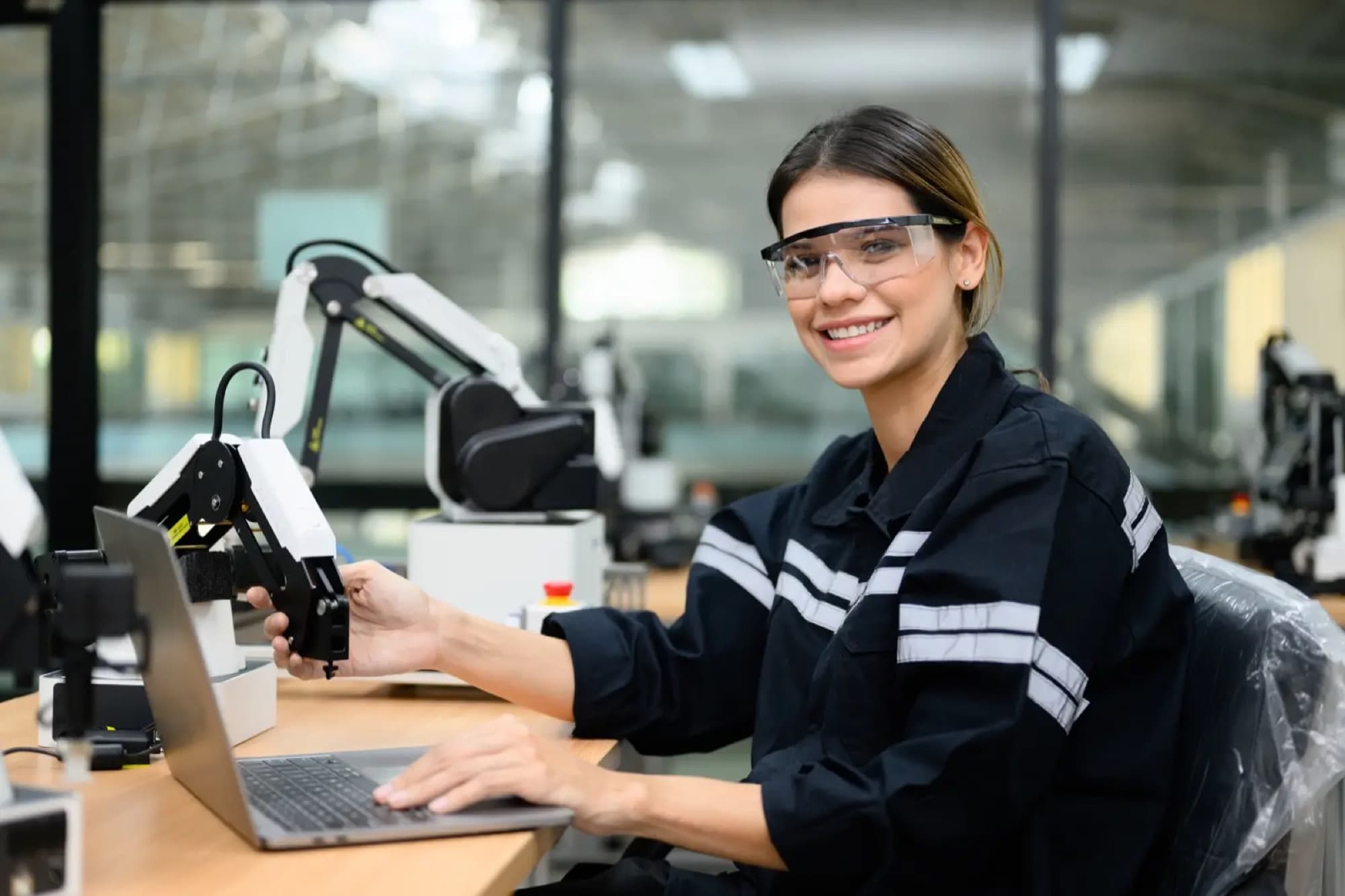 Technicienne assise à un poste d'essai, programmant depuis un ordinateur portable un petit bras robotique de table
