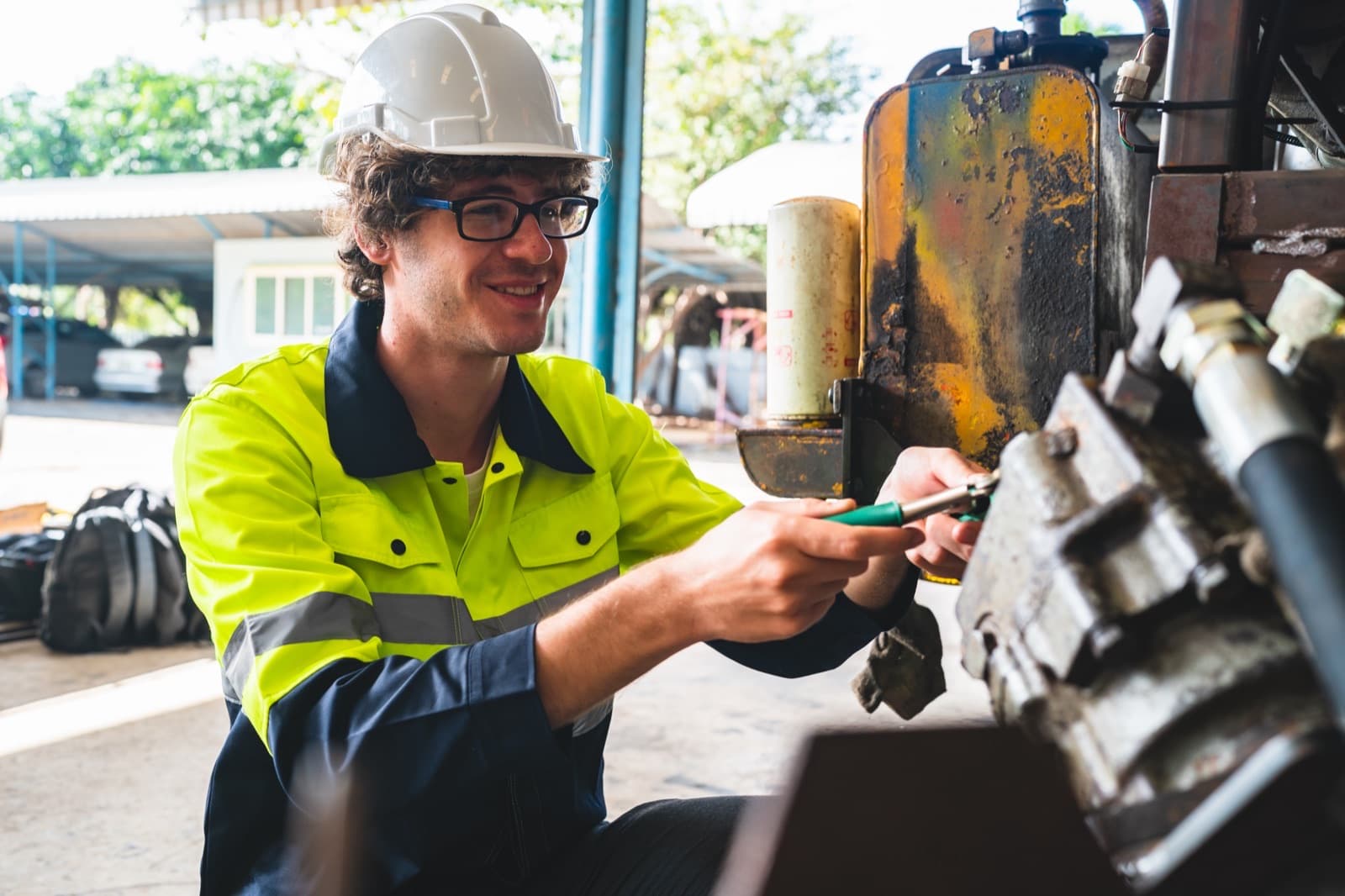 Technicien intervenant sur le vérin et l'axe de godet d'un engin de chantier