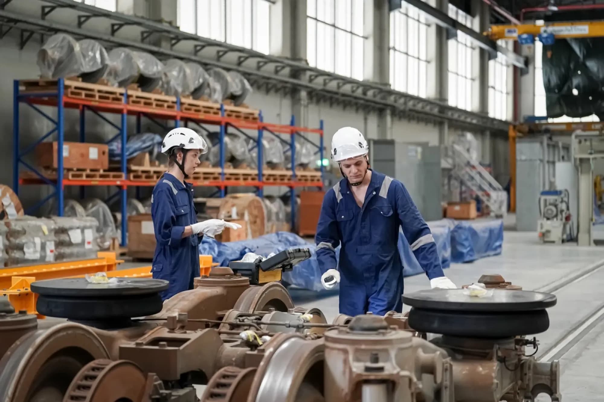 Deux techniciens inspectant des bogies ferroviaires posés au sol dans un atelier équipé de ponts roulants