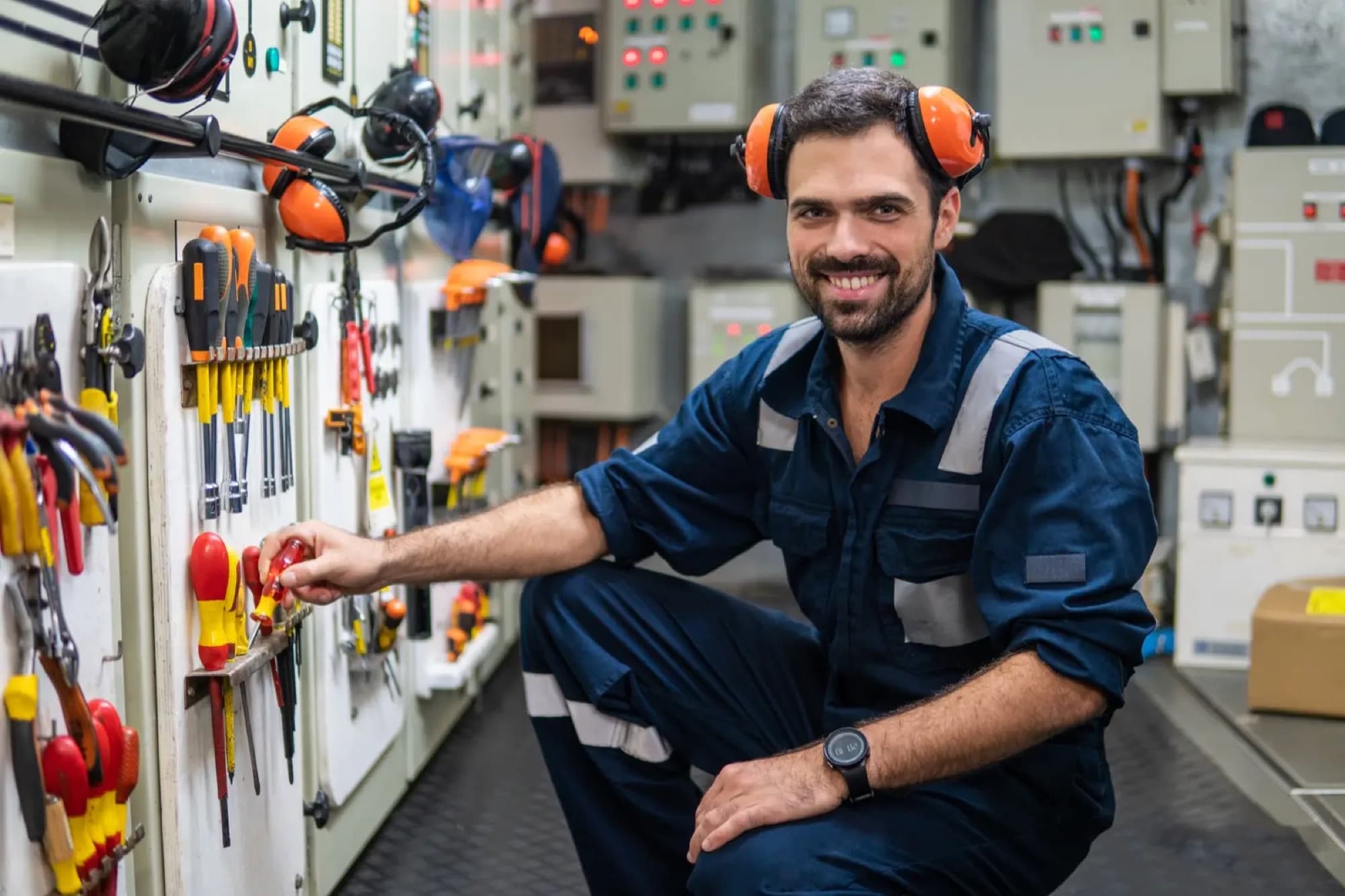 Technicien accroupi devant un panneau d'outillage isolé, dans un local de commande bordé d'armoires électriques