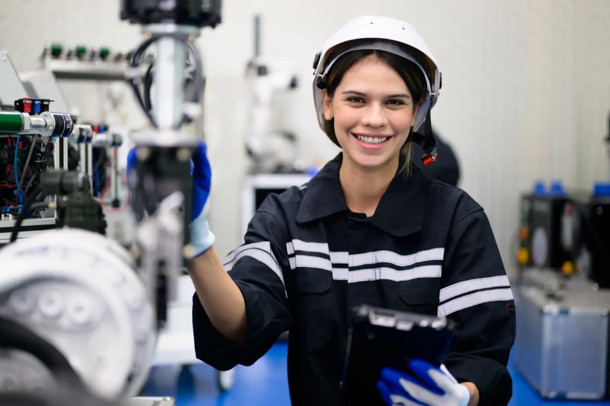Technicienne tenant le poignet d'un bras robotisé, boîtier de commande dans l'autre main