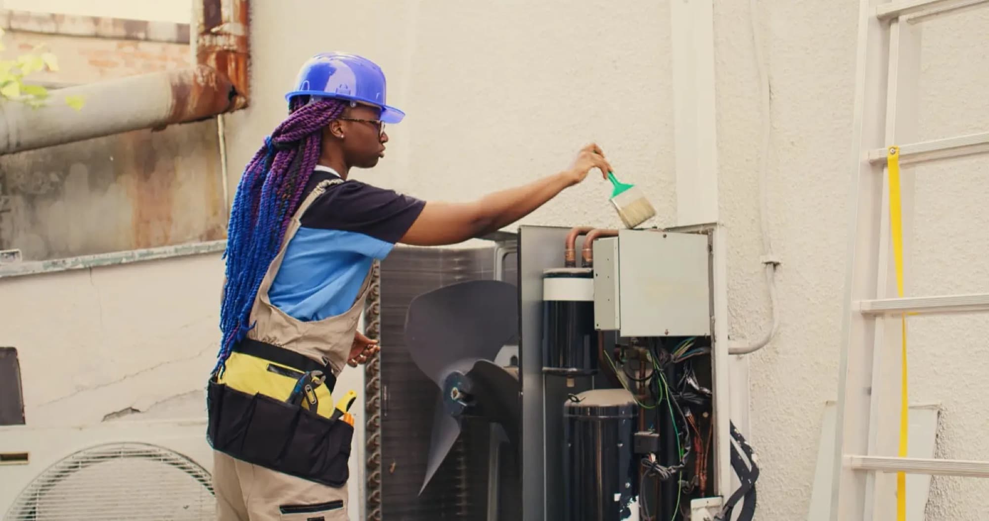 Technicienne frigoriste nettoyant au pinceau un groupe de climatisation extérieur ouvert, compresseur et boîtier électrique apparents