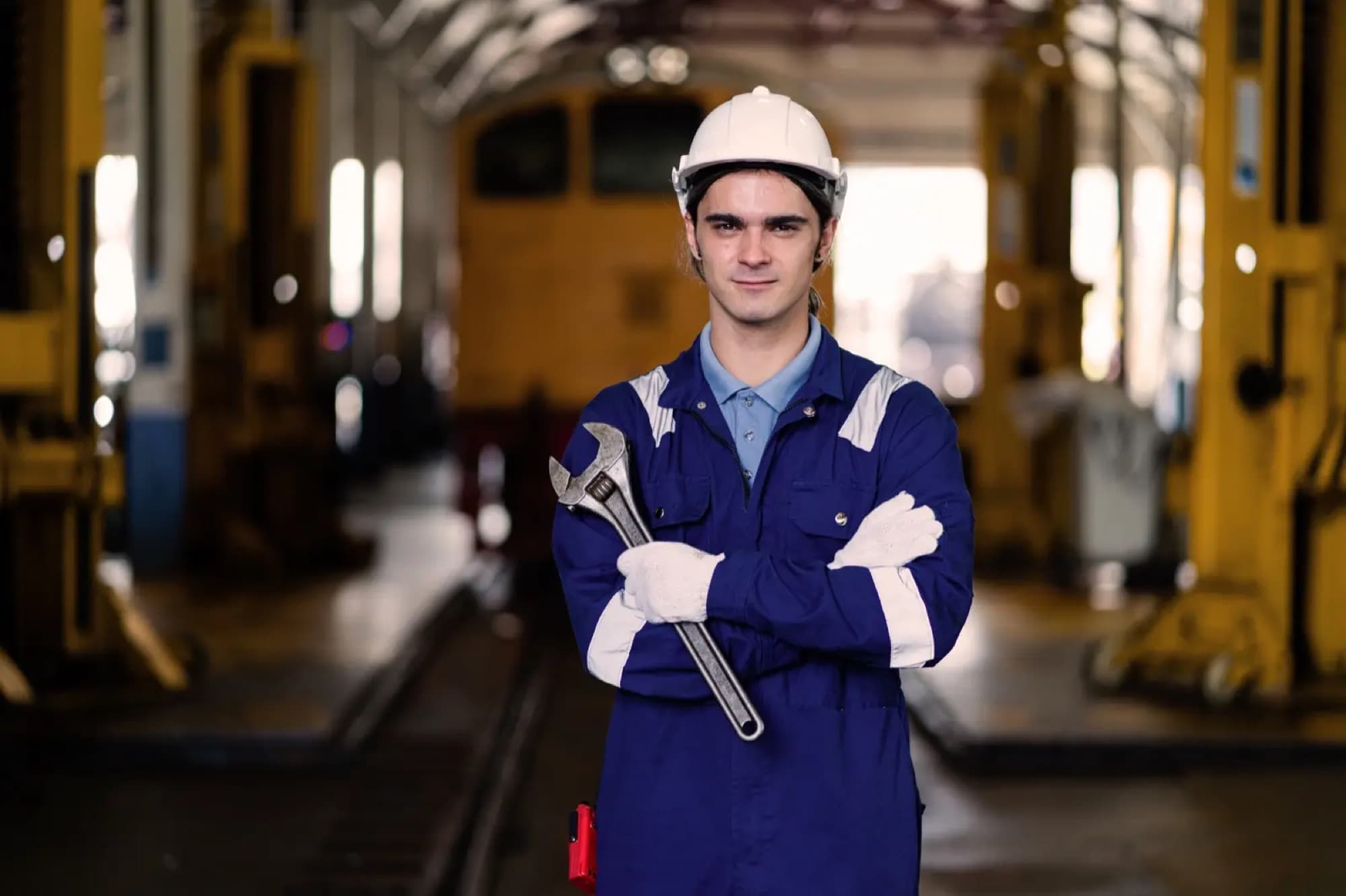 Technicien posant avec une clé à molette dans un dépôt ferroviaire, locomotive sur fosse derrière lui