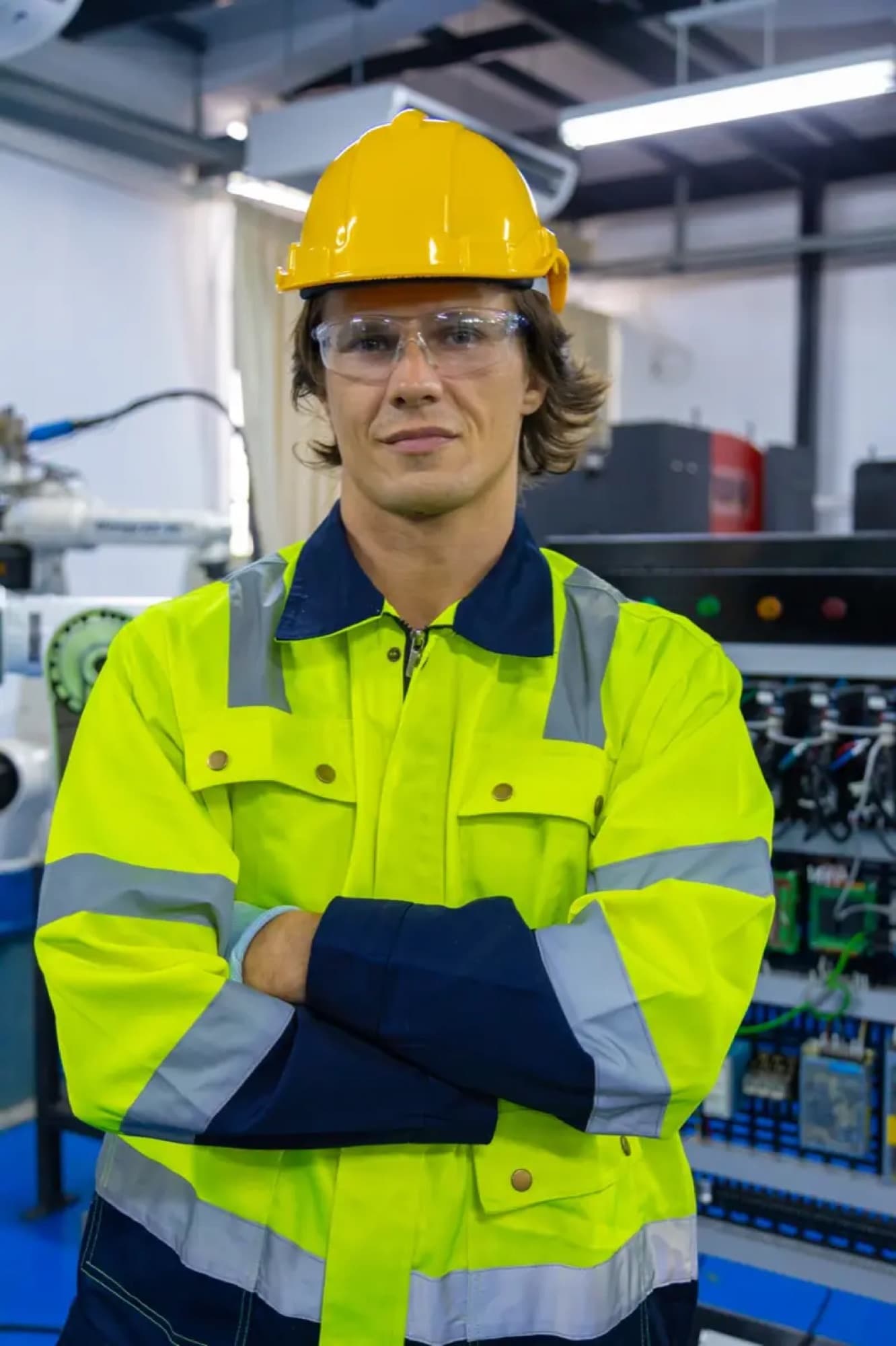Portrait en pied d'un technicien bras croisés dans une cellule robotisée, bras robot et armoire de câblage derrière lui