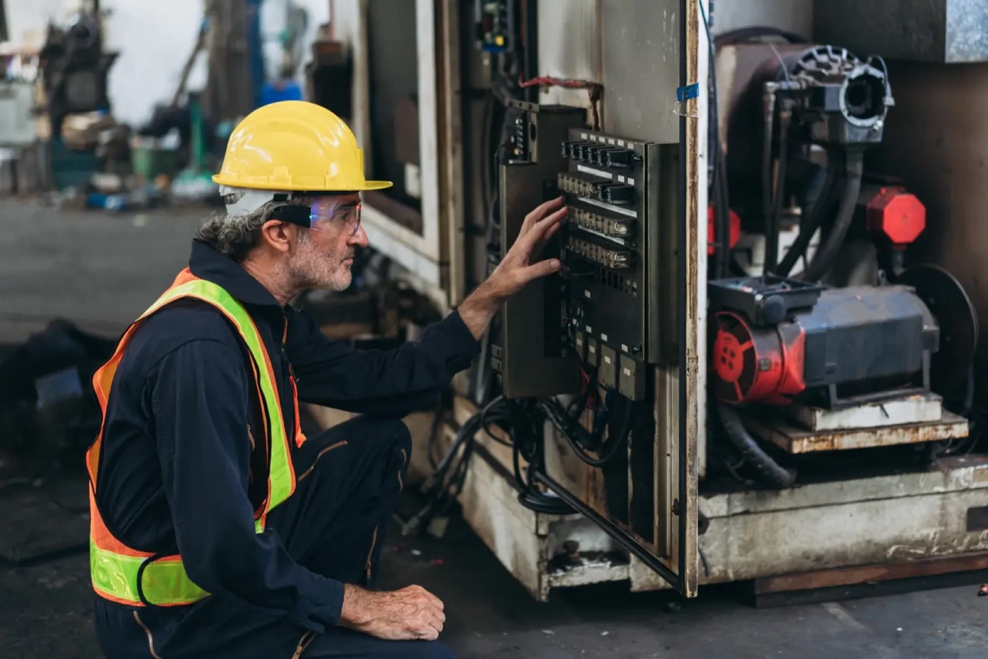 Technicien accroupi intervenant sur les borniers d'une armoire électrique ouverte au pied d'une machine d'atelier