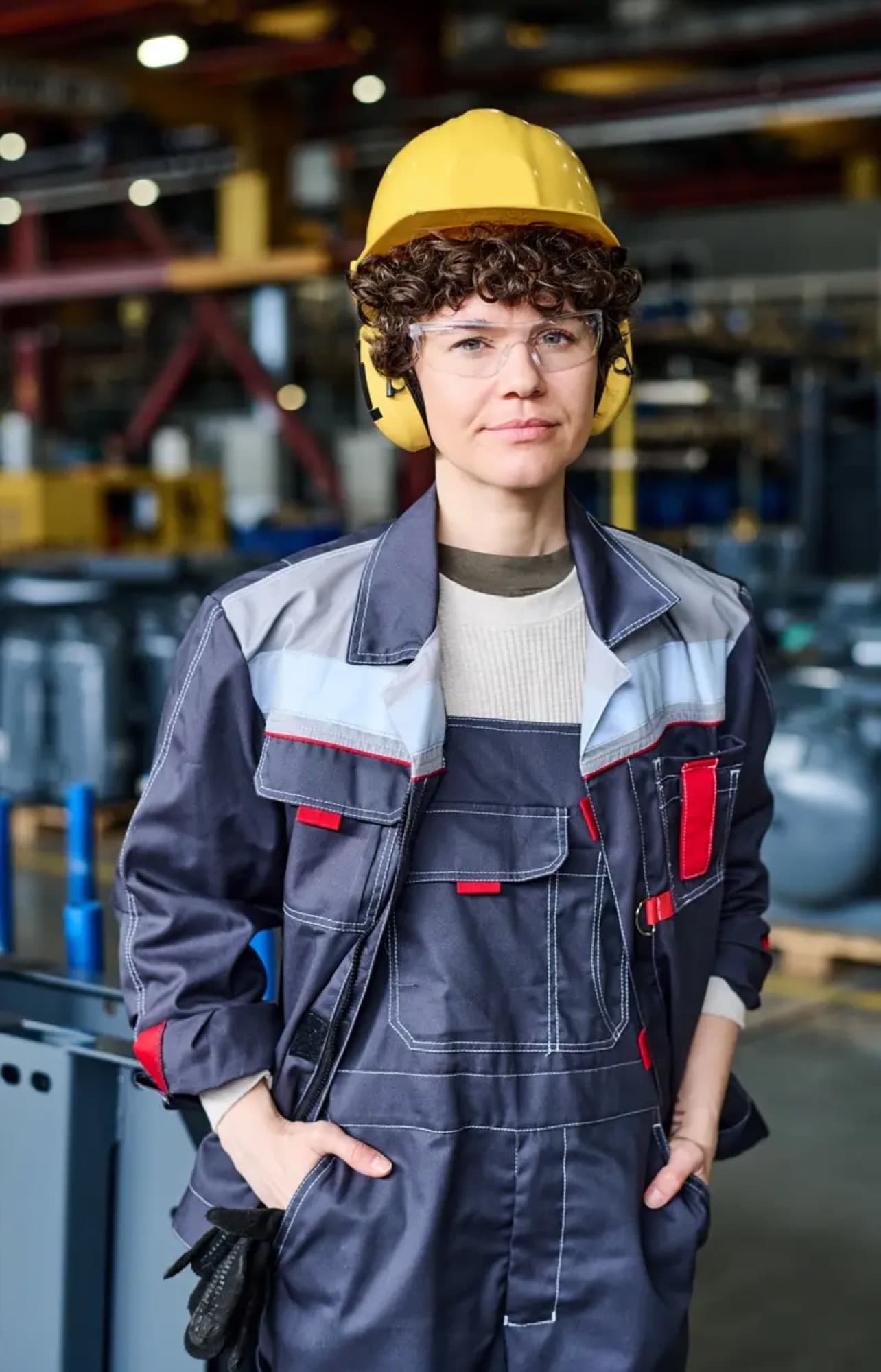Portrait en pied d'une technicienne en combinaison, casque jaune à coquilles antibruit, dans une halle de production