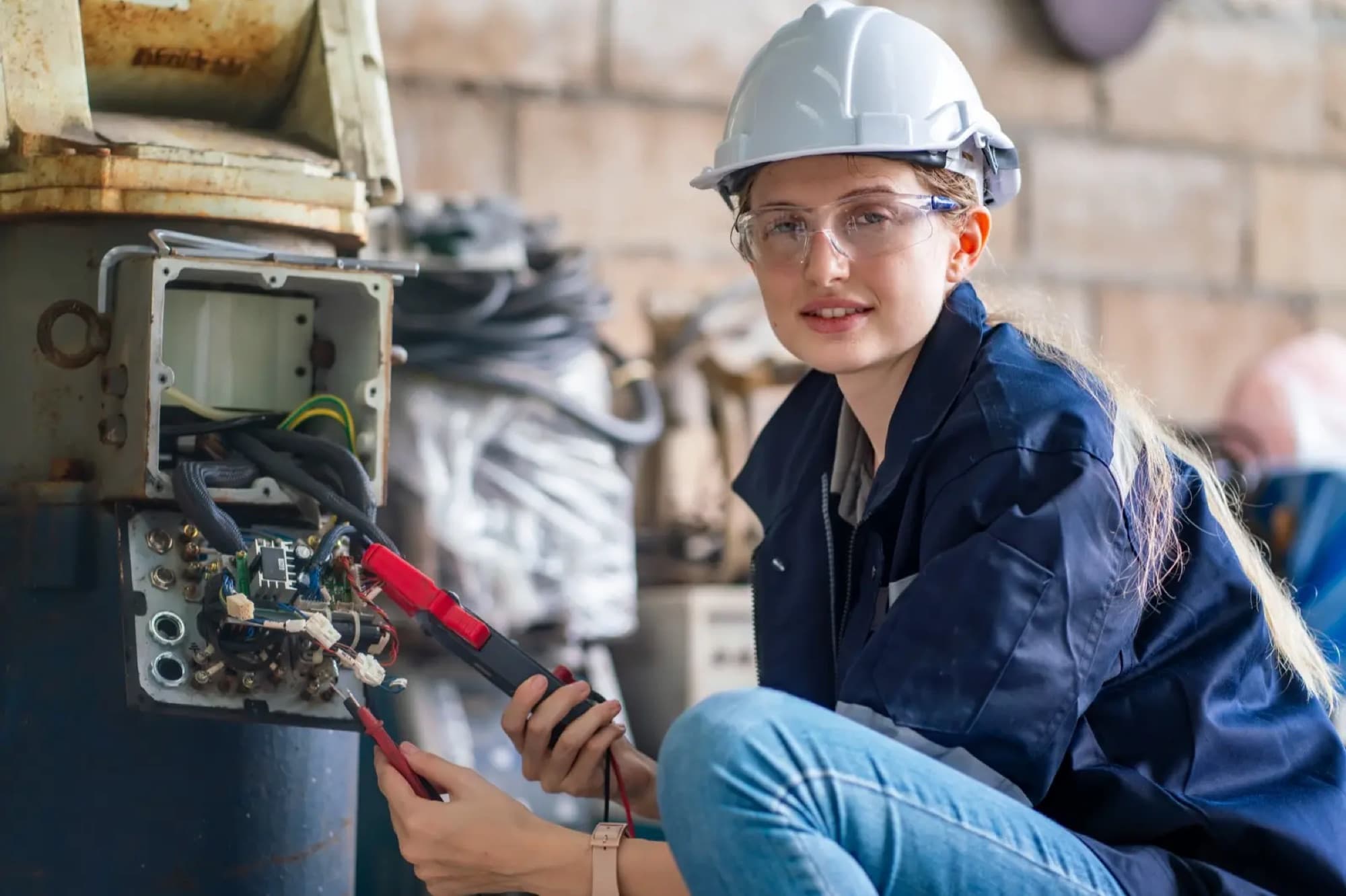 Technicienne mesurant à la pointe de touche dans la boîte à bornes d'un moteur électrique