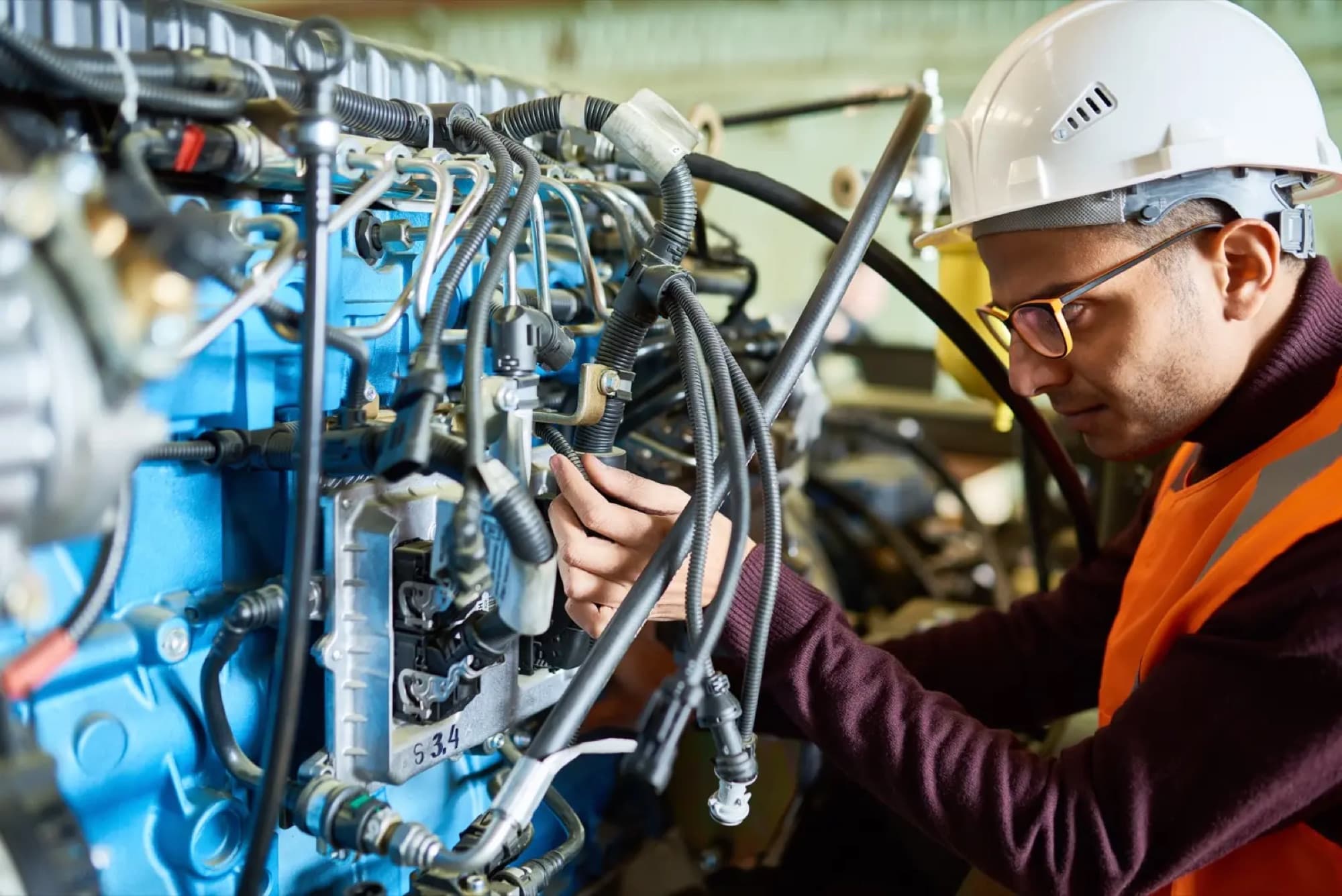 Technicien en gilet orange intervenant sur le faisceau et les conduites d'injection d'un moteur diesel bleu