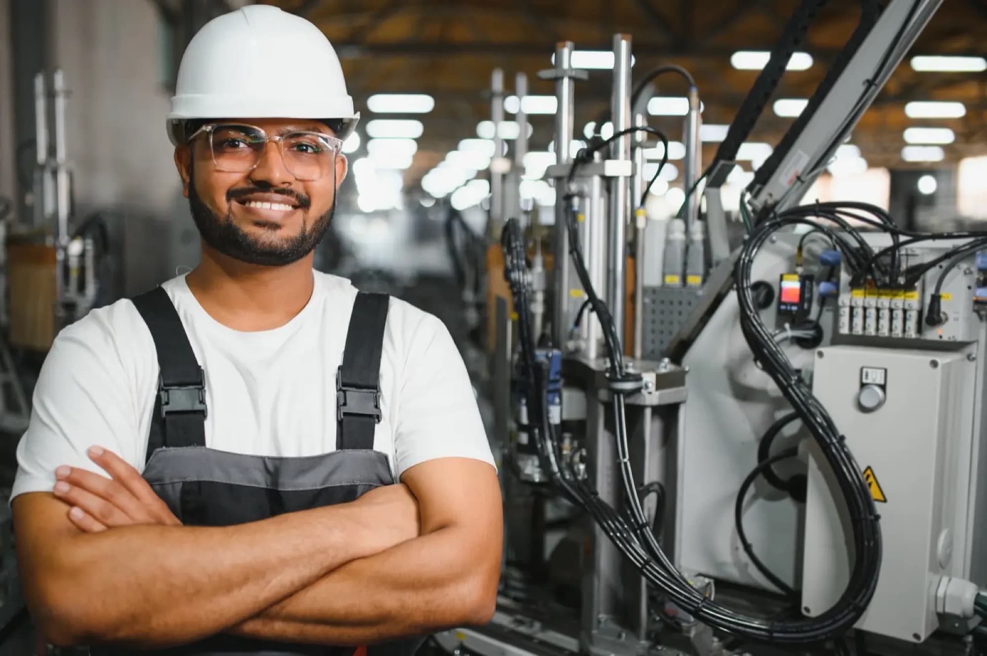 Technicien en casque blanc posant devant une ligne de production automatisée à vérins et armoire de commande