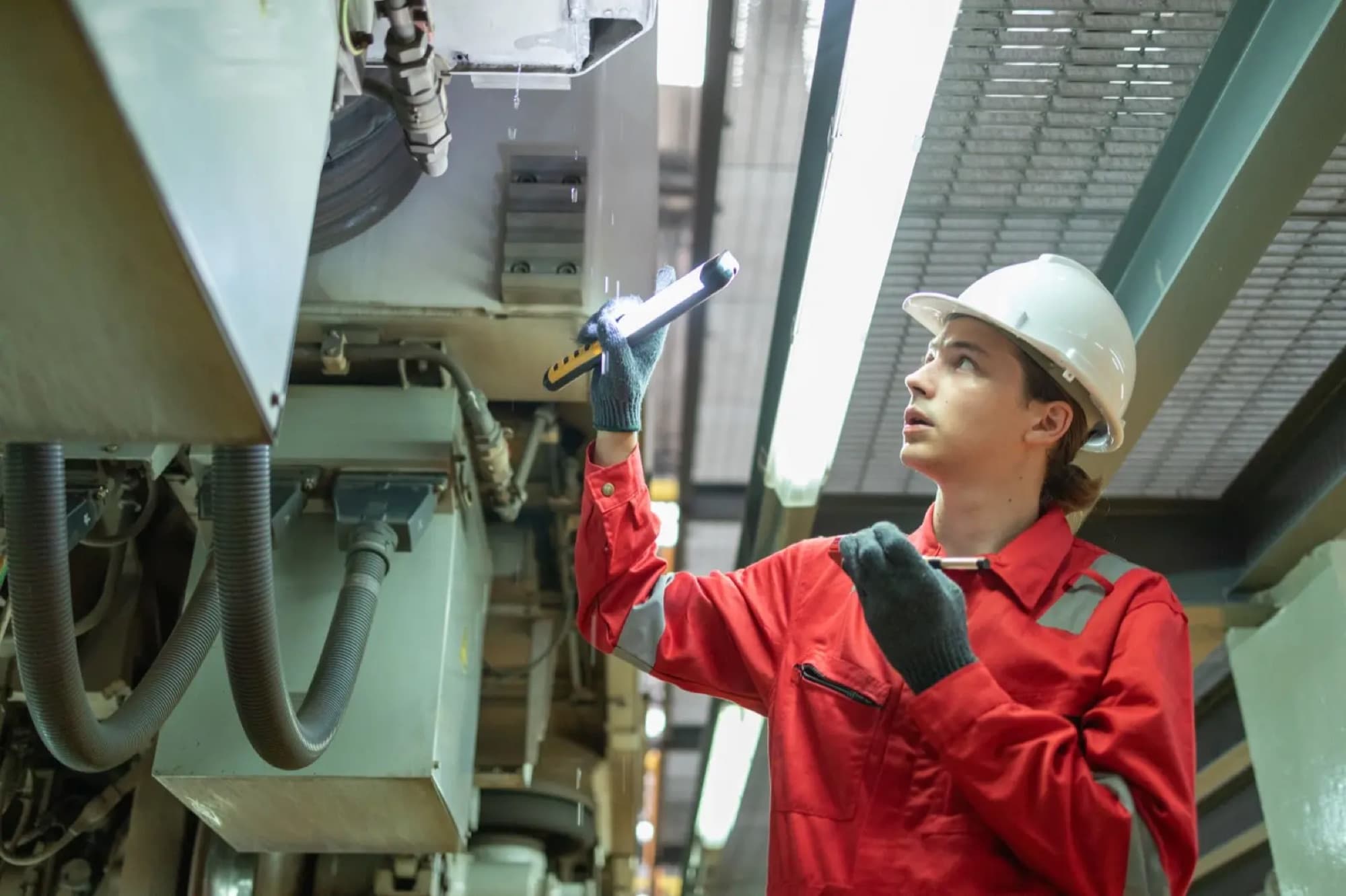 Technicienne en combinaison rouge éclairant à la lampe le dessous d'une machine de production pour l'inspecter
