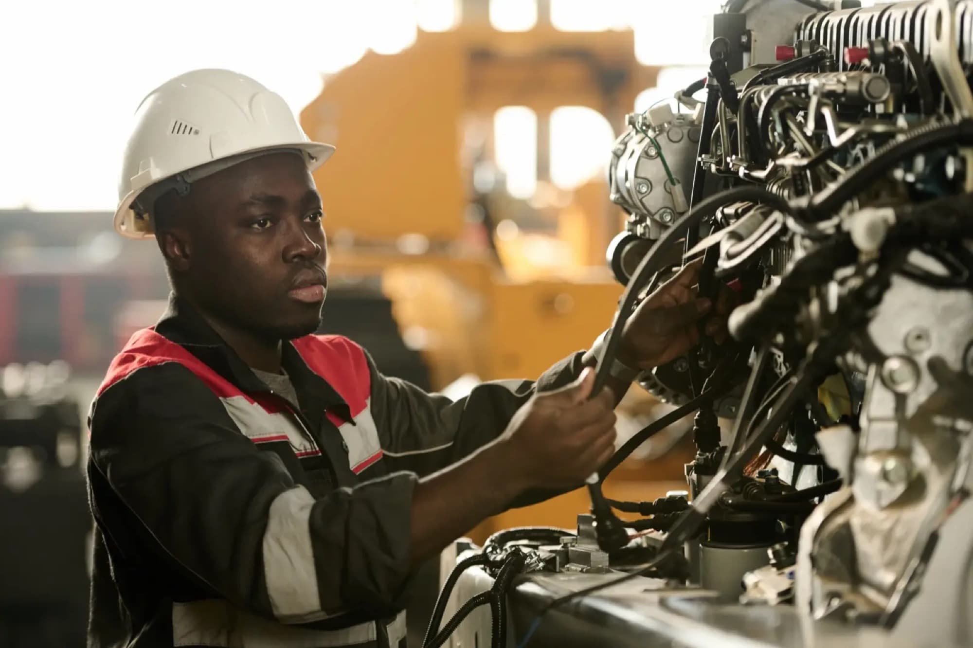 Technicien en casque blanc intervenant sur le faisceau et les accessoires d'un gros moteur thermique en atelier